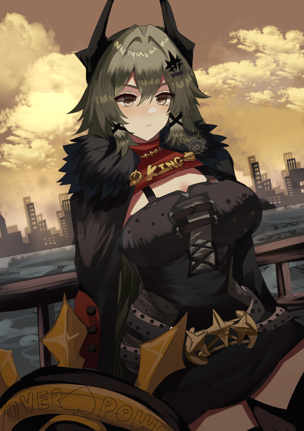 1girl, blue_sealad, breasts, caesar_king_(zenless_zone_zero), cloud, commentary, fur_trim, grey_eyes