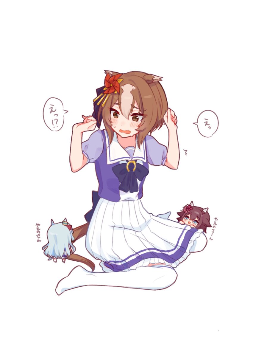 3girls, ^^^, animal_ears, blush, bow, bowtie, brown_eyes, brown_hair