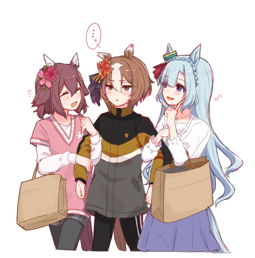 ..., 3girls, animal_ears, bag, black_pants, black_pantyhose, blue_hair, blush