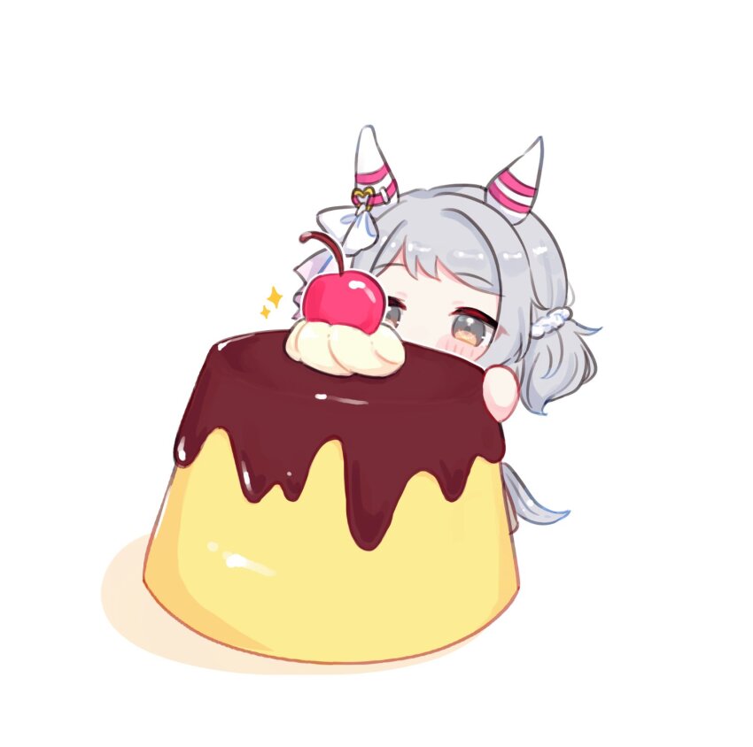 1girl, animal_ears, blush, bukeo, cherry, ear_covers, food, fruit