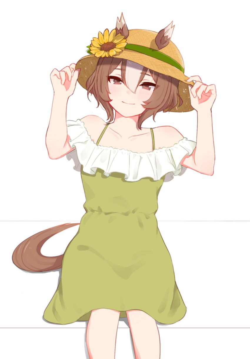 1girl, alternate_costume, animal_ears, bare_shoulders, brown_eyes, brown_hair, bukeo, casual