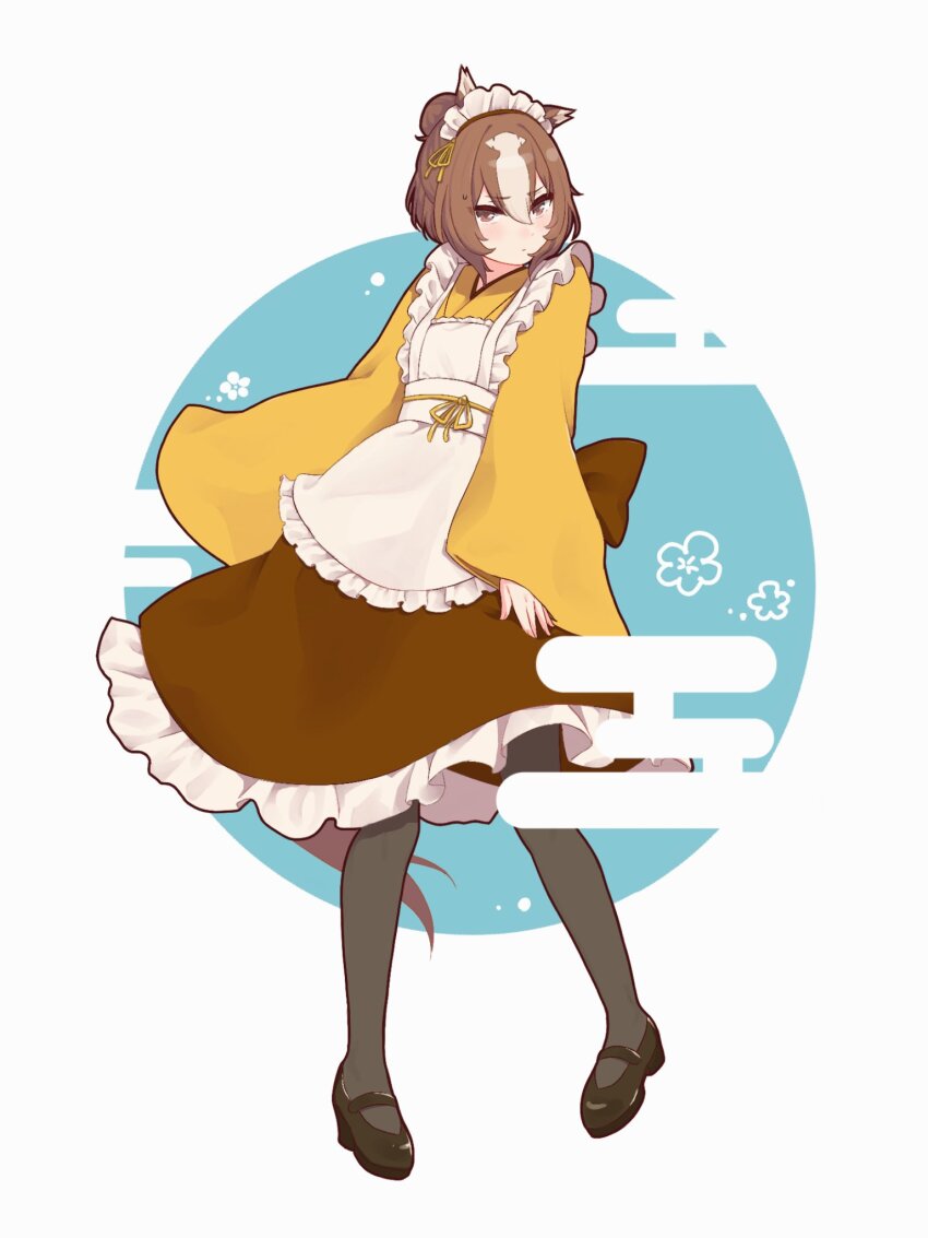 1girl, alternate_costume, alternate_hairstyle, apron, arms_at_sides, black_pantyhose, black_shoes, brown_eyes, brown_hair, brown_skirt, bukeo, egasumi, enmaided, flat_chest, frilled_skirt, frills, frown, full_body, furrowed_brow, hair_between_eyes, hair_bun, head_tilt, highres, japanese_clothes, kimono, long_sleeves, looking_at_viewer, maid, maid_apron, maid_headdress, mary_janes, multicolored_hair, pantyhose, sash, shoes, short_hair, skirt, solo, standing, streaked_hair, sweatdrop, umamusume, wide_sleeves, yaeno_muteki_(umamusume), yellow_kimono