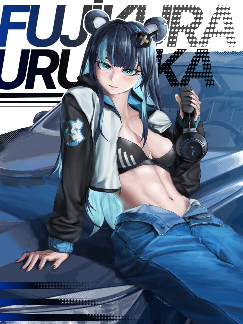 1girl, absurdres, animal_ears, bear_ears, bear_girl, black_nails, blue_hair, blush