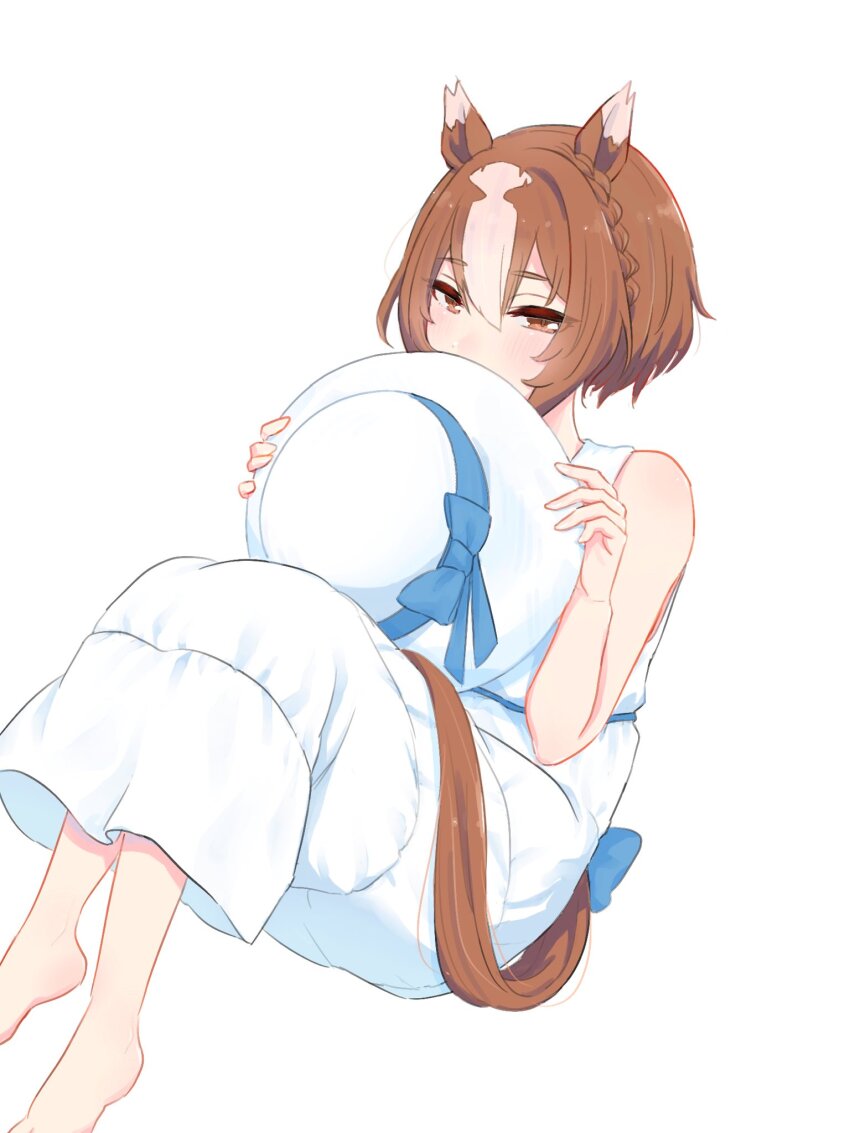 1girl, alternate_costume, animal_ears, bare_shoulders, bow, braid, brown_eyes, bukeo