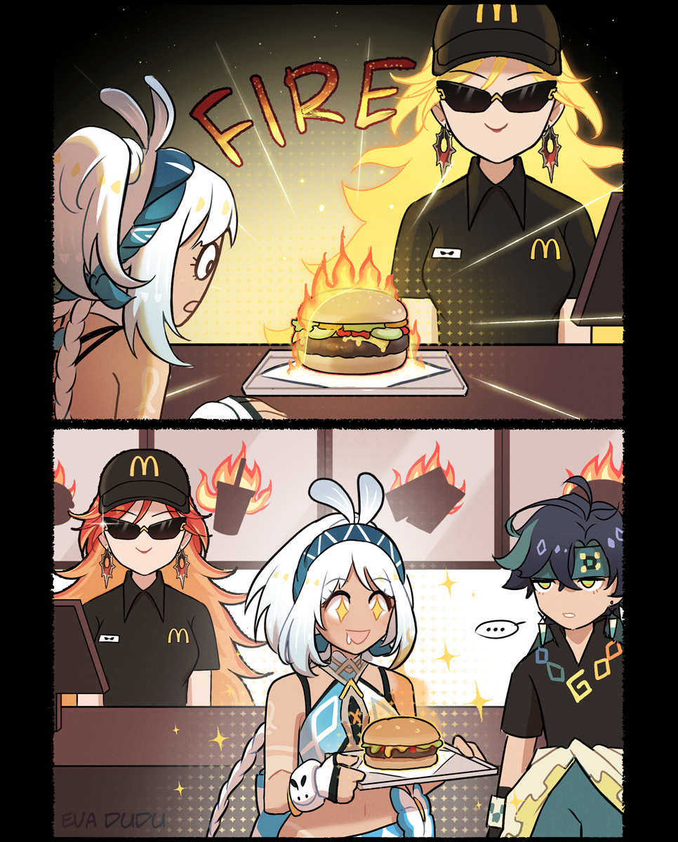 1boy, 2girls, blue_hairband, breasts, comid, disgust, earrings, english_text