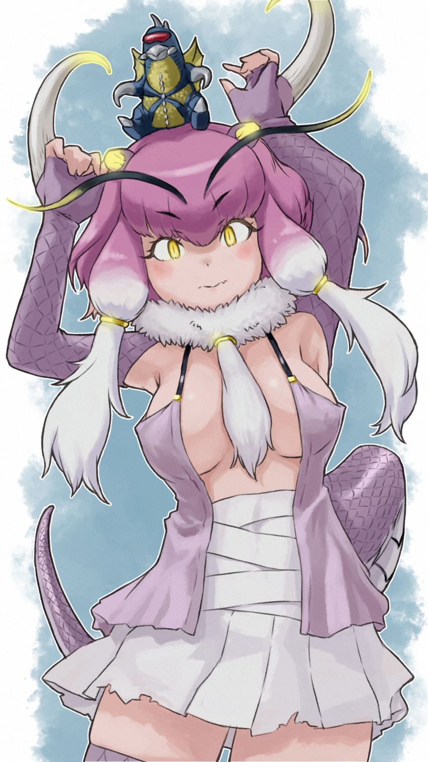 1girl, absurdres, animal_ears, arms_up, breasts, claws, elbow_gloves, extra_ears