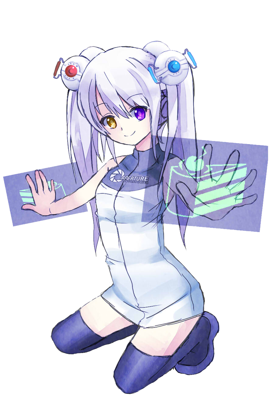 1girl, android, dress, female_focus, floating_screen, full_body, glados, glados-tan, hair_ornament, heterochromia, highres, long_hair, personification, portal_(series), portal_1, purple_eyes, sitting, solo, thighhighs, transparent_background, twintails, valve, white_hair, yellow_eyes, yunare
