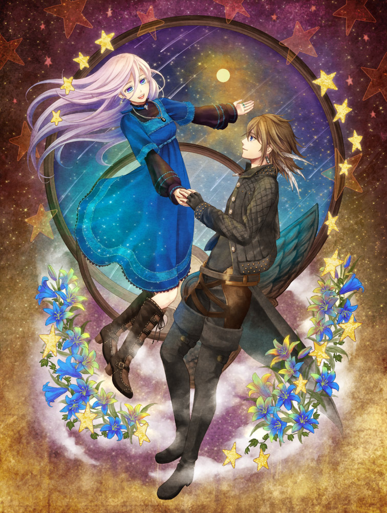 1boy, 1girl, aq_interactive, belt, blue_eyes, boots, brown_hair, coat, dress, earrings, elza_(the_last_story), feathers, flower, holding_hands, hetero, inomarii, jewelry, kanan_(the_last_story), long_hair, mistwalker, nintendo, open_mouth, pants, pendant, short_hair, silver_hair, the_last_story