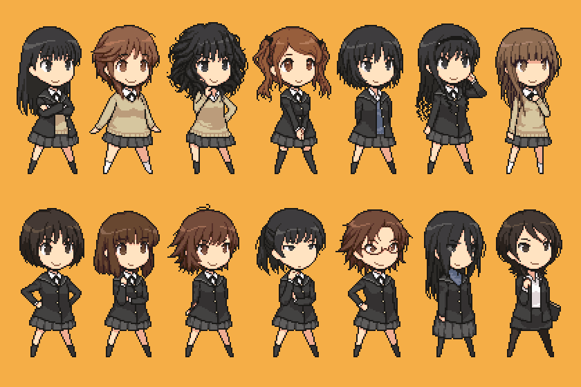 6+girls, amagami, animated, animated_png, ayatsuji_tsukasa, black_eyes, black_hair, blinking, brown_eyes, brown_hair, chibi, everyone, hiba_manaka, itou_kanae_(amagami), kamizaki_risa, long_hair, messy_hair, morishima_haruka, multiple_girls, nakata_sae, nanasaki_ai, pantyhose, pixel_art, sakurai_rihoko, school_uniform, short_hair, simple_background, skirt, smile, socks, tachibana_miya, takahashi_maya, tanaka_keiko_(amagami), tanamachi_kaoru, tsukahara_hibiki, uncoco, yuzuki_ruriko