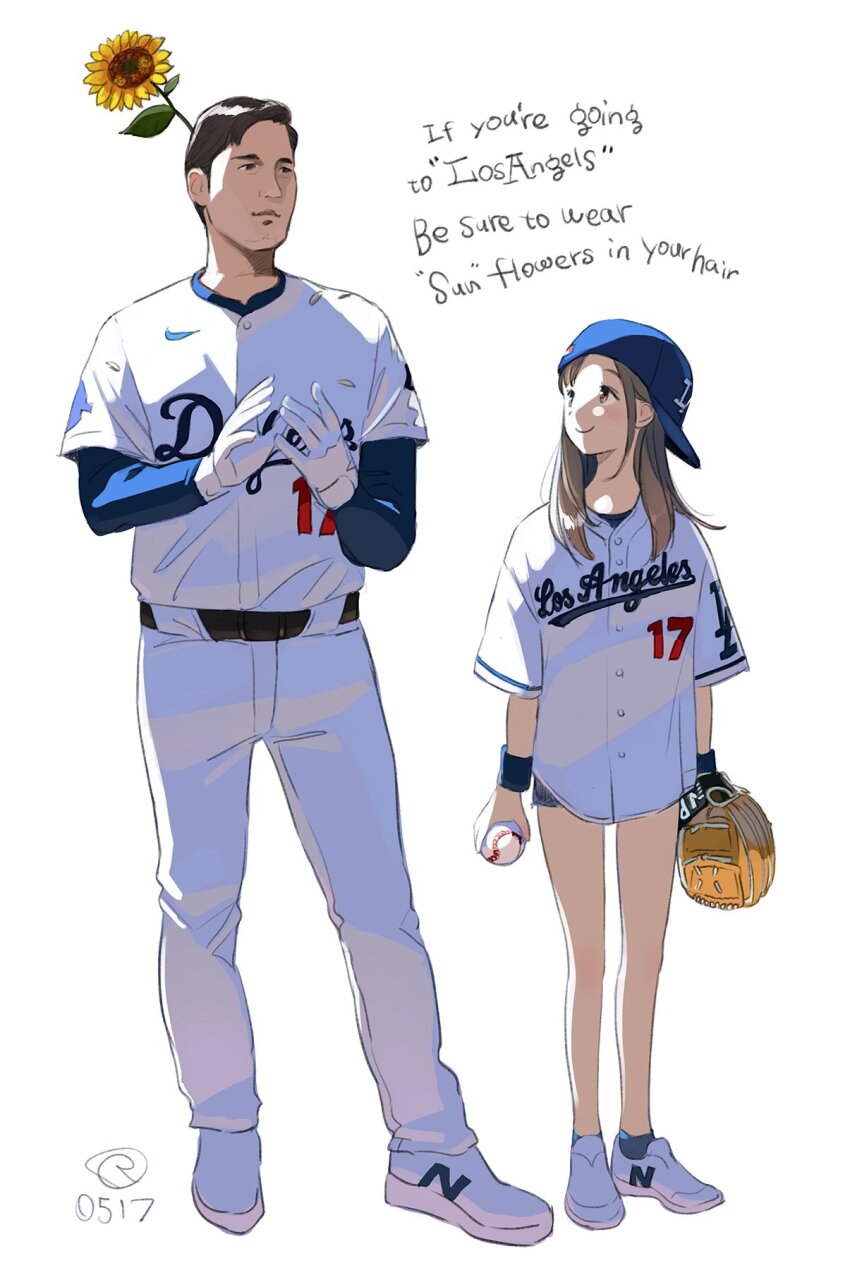 1boy, 1girl, baseball, baseball_cap, baseball_glove, baseball_uniform, blue_hat, blue_shirt