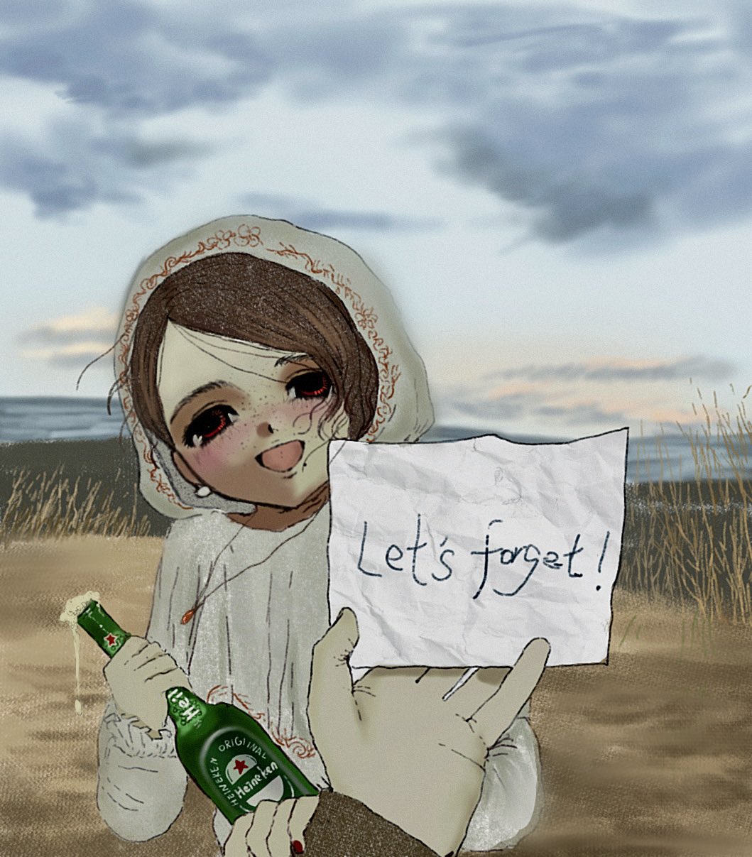 1girl, 1other, alcohol, bottle, brown_eyes, brown_hair, earrings, english_text, freckles, frilled_sleeves, frills, fuquan9921, grass, heineken, highres, holding, holding_bottle, horizon, jewelry, looking_at_viewer, necklace, open_mouth, original, outdoors, paper, shirt, smile, white_shirt