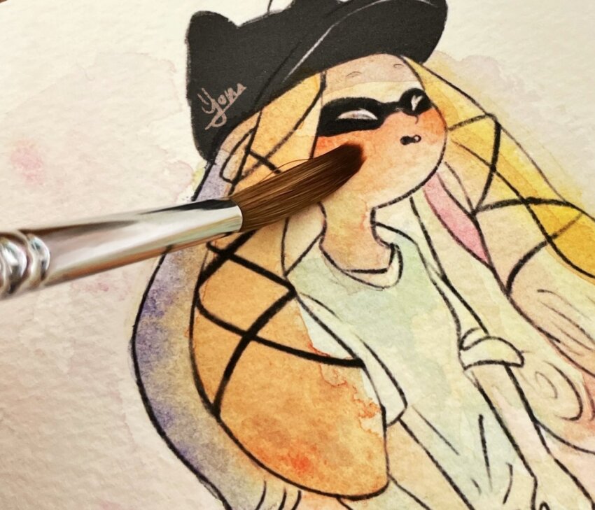 1girl, baseball_cap, black_hat, blonde_hair, blush, closed_eyes, hat, long_hair, nintendo, orange_hair, paintbrush, parted_lips, photo_(medium), pink_hair, purple_hair, shirt, short_sleeves, signature, simple_background, solo, splatoon_(series), suction_cups, tentacle_hair, upper_body, white_background, white_shirt, wildcard1_4, yoko_(splatoon)