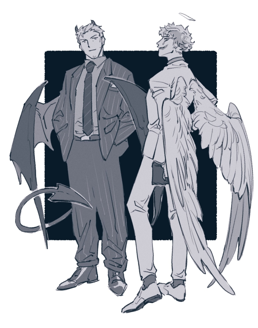 2boys, angel_and_devil, angel_wings, black_background, closed_mouth, collared_shirt, commentary_request, demon_horns
