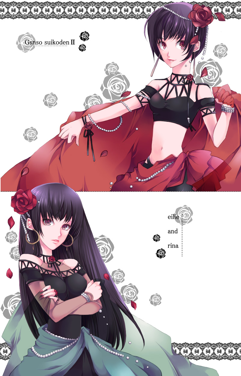 2girls, ari_(pixiv), black_hair, bracelet, brown_eyes, crossed_arms, dress, earrings, eilie_(suikoden), female_focus, flower, gensou_suikoden, gensou_suikoden_ii, hair_ornament, highres, jewelry, long_hair, midriff, multiple_girls, nail_polish, rina_(suikoden), short_hair, siblings, sisters, strapless, tube_top