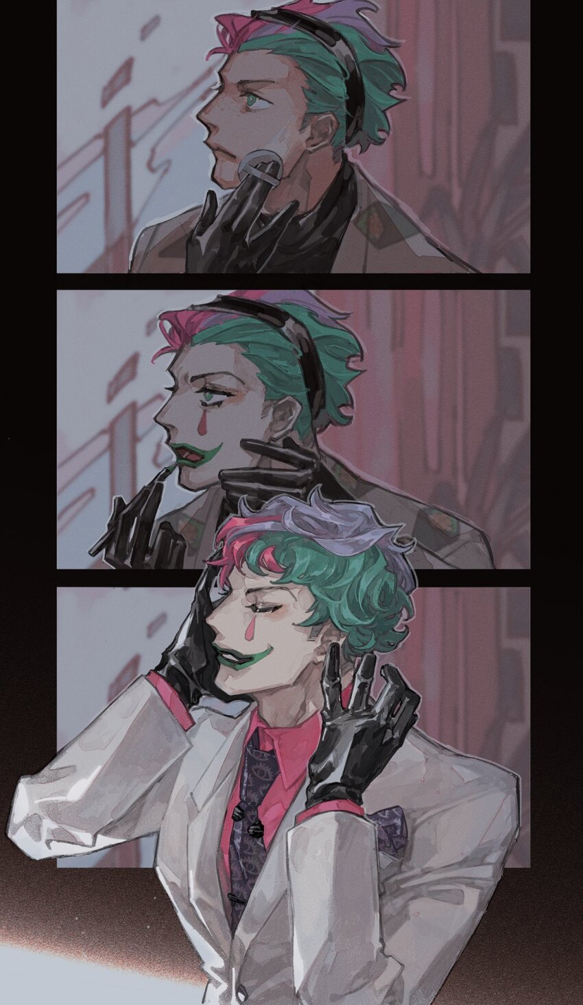 1boy, applying_makeup, aqua_eyes, aqua_hair, aqua_lips, black_gloves, buttons, closed_eyes