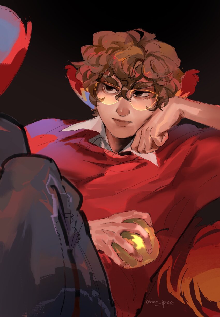 1boy, animal_ears, apple, bc_jpeg, bird_boy, bird_ears, bird_wings, black_background, bored, brown_hair, commentary, english_commentary, food, fruit, glasses, golden_apple, grian_(youtuber), hand_up, hermitcraft, highres, holding, long_sleeves, male_focus, minecraft_youtube, painterly, pants, red_sweater, short_hair, simple_background, solo, sweater, wings