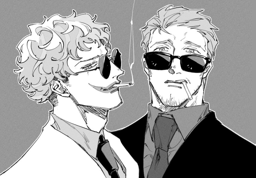 2boys, cigarette, collared_shirt, commentary_request, facial_hair, grey_background, greyscale, highres