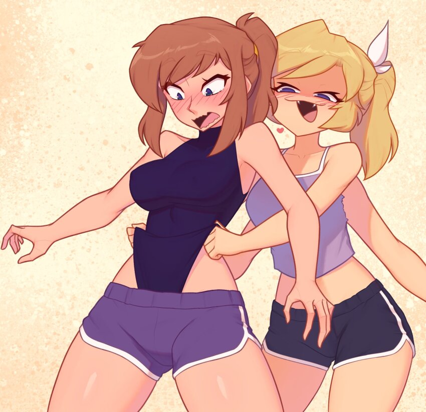 2girls, a_hat_in_time, aged_up, bare_shoulders, blonde_hair, blue_eyes, blue_one-piece_swimsuit, blue_shorts, blush, breasts, brown_hair, commentary, cowboy_shot, english_commentary, extra_arms, fangs, hair_tie, hat_kid, heart, highres, long_hair, looking_down, midriff, multiple_girls, nelly_(xyronii), one-piece_swimsuit, open_mouth, original, ponytail, purple_shirt, purple_shorts, shirt, shorts, surprised, swimsuit, xyronii, yellow_background