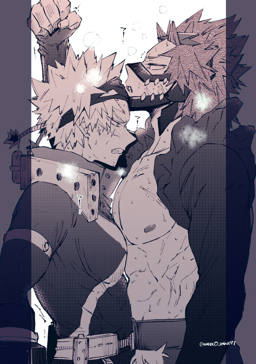 2boys, abs, bakugou_katsuki, belt, blush, boku_no_hero_academia, detached_sleeves, explosive