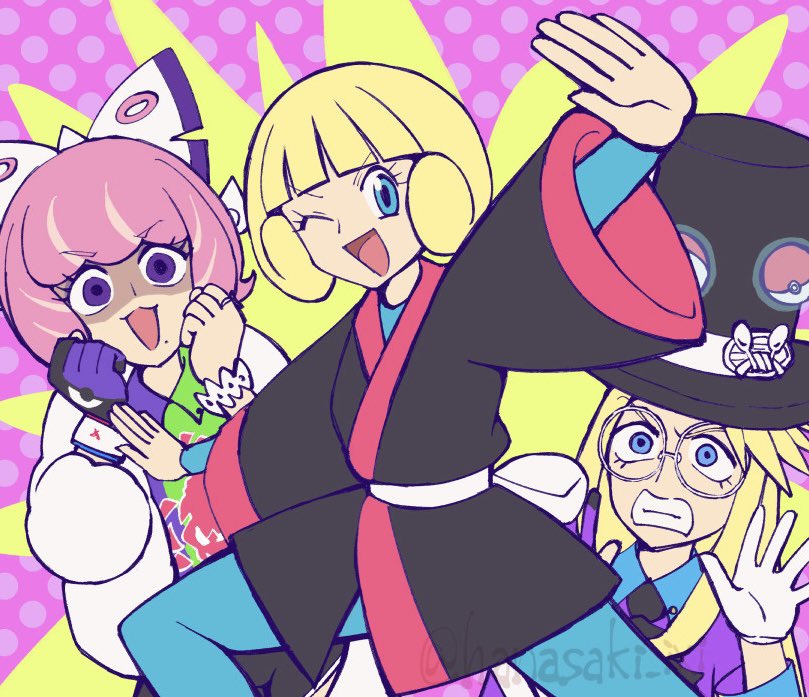 1boy, 2girls, asymmetrical_gloves, avery_(pokemon), black_hat, blonde_hair, blue_eyes, bodysuit