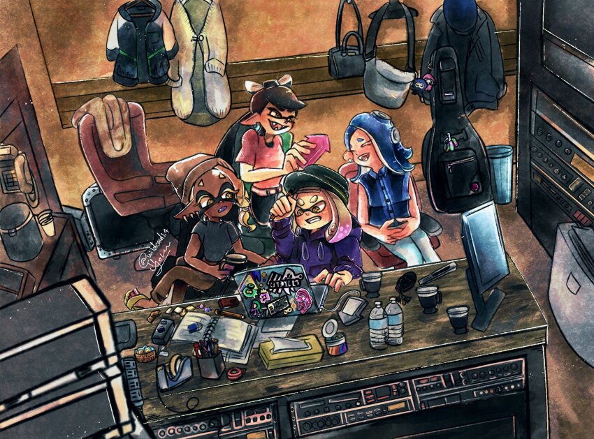 4girls, black_hair, black_shirt, blonde_hair, blue_hair, blue_shirt, bottle, callie_(splatoon), computer, dark-skinned_female, dark_skin, desk, frye_(milk_chocolate)_(splatoon), frye_(splatoon), grey_hair, highres, hood, hoodie, indoors, laptop, laughing, multiple_girls, nintendo, open_mouth, pearl_(splatoon), phone, pink_shirt, purple_hair, purple_hoodie, shadow, shirt, shiver_(splatoon), short_sleeves, signature, sleeveless, sleeveless_shirt, smile, splatoon_(series), splatoon_1, splatoon_2, splatoon_3, suction_cups, tentacle_hair, tissue_box, twitter_username, water_bottle, wide_shot, wildcard1_4