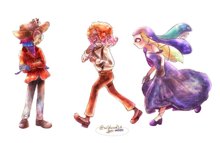 3girls, aqua_hair, black_dress, black_footwear, black_gloves, black_hat, black_necktie, black_pants