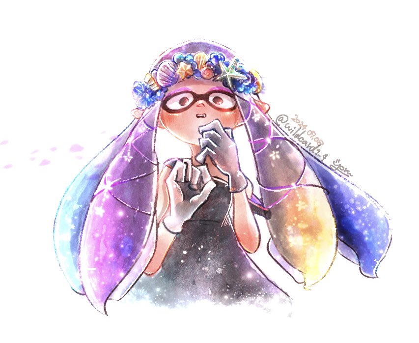 1girl, aqua_hair, black_dress, blonde_hair, blue_hair, blush, clam, dated