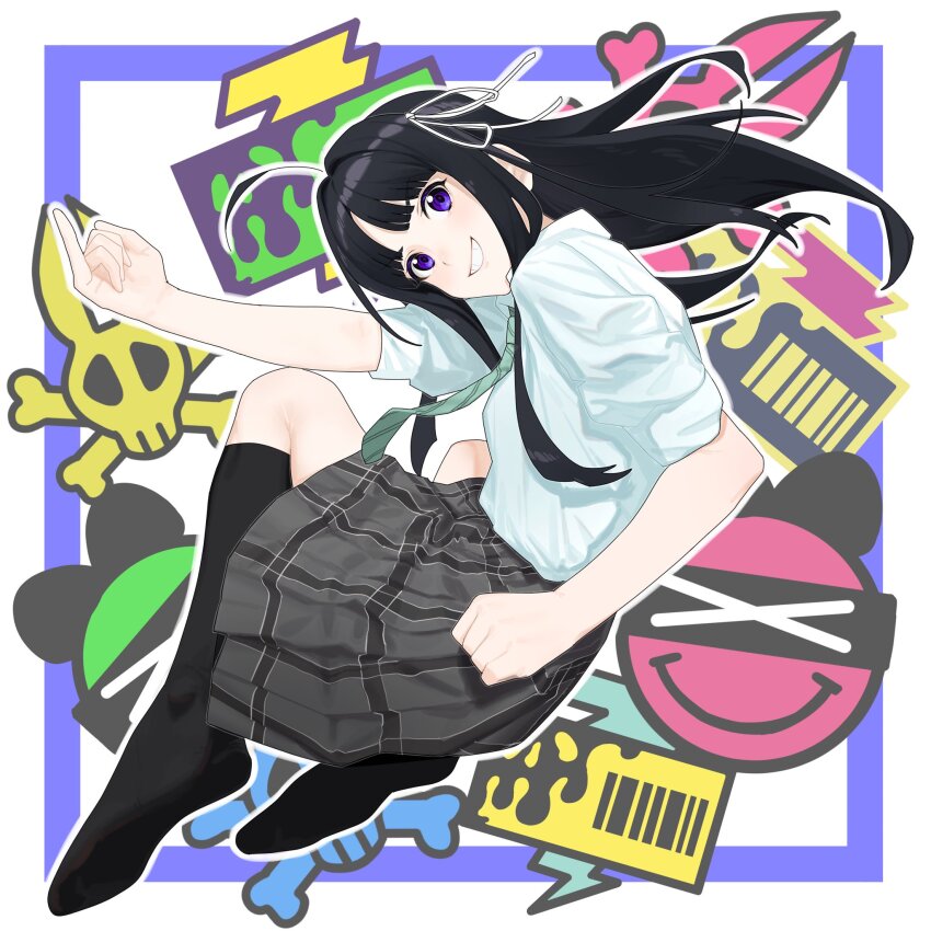 1girl, ahoge, aqua_necktie, awa_subaru, black_hair, black_socks, clenched_teeth, commentary