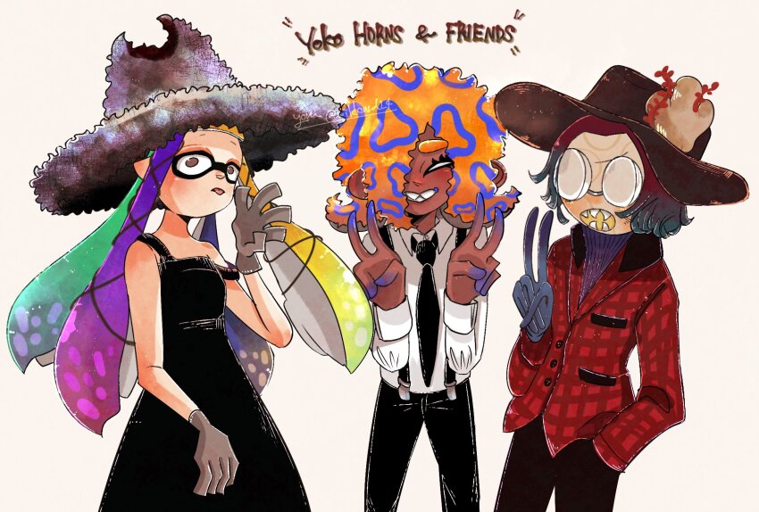 3girls, aqua_hair, black_dress, black_hat, black_necktie, black_pants, blonde_hair, blue_hair, brown_eyes, closed_eyes, collared_shirt, cowboy_shot, double_v, dress, glasses, gloves, grey_gloves, grey_hat, hair_over_one_eye, hand_up, hat, highres, long_sleeves, multiple_girls, necktie, nintendo, opaque_glasses, orange_hair, pants, parted_lips, patterned_hair, plaid_clothes, plaid_shirt, purple_hair, red_shirt, round_eyewear, shirt, shirt_tucked_in, smile, splatoon_(series), splatoon_3, strap_slip, tao_blu, tentacle_hair, tosh_(splatoon), v, white_shirt, wildcard1_4, yoko_(splatoon)