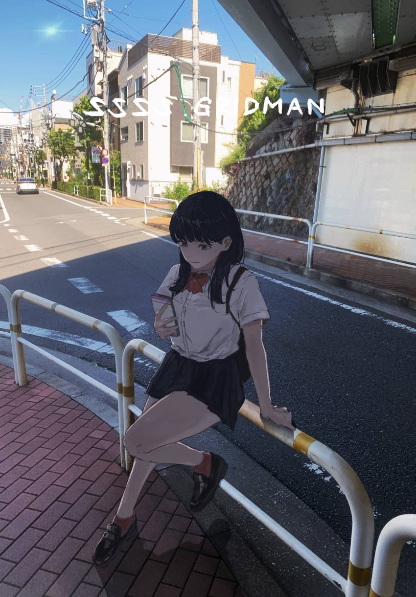 1girl, absurdres, against_railing, armald0, backpack, bag, black_hair, black_skirt, blue_eyes, blue_sky, bow, building, car, cellphone, commentary, copyright_name, gridman_universe, highres, holding, holding_phone, intersection, loafers, long_hair, looking_at_phone, motor_vehicle, outdoors, phone, pleated_skirt, railing, red_bow, red_socks, road, school_uniform, shirt, shoes, skirt, sky, smartphone, socks, solo, ssss.gridman, street, takarada_rikka, white_shirt