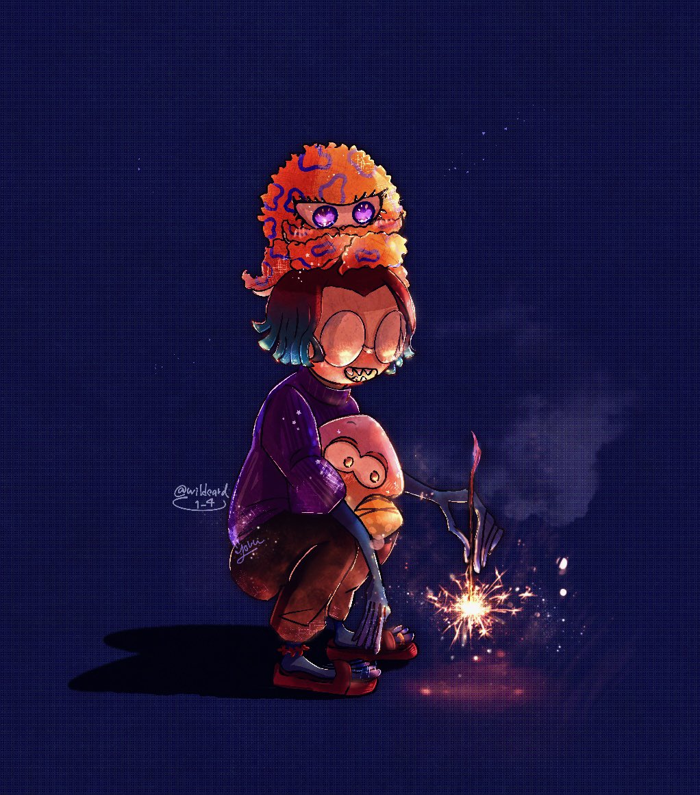 3girls, aqua_hair, black_hair, creature_on_head, fireworks, glasses, gradient_hair, holding