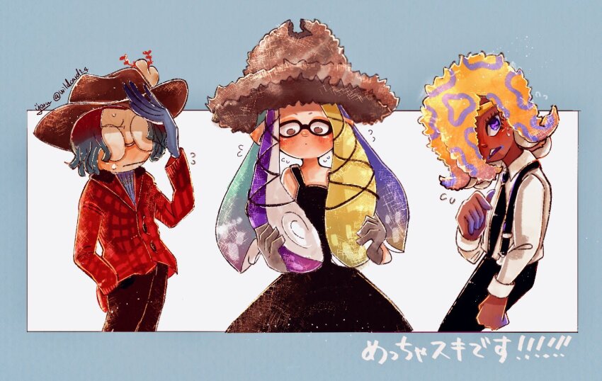 3girls, aqua_hair, black_dress, black_hat, black_pants, blonde_hair, blue_hair, blush