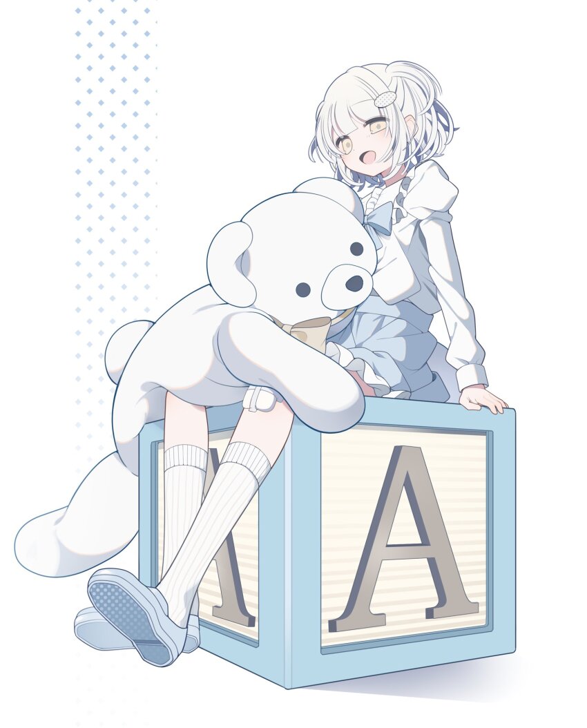 1girl, bandaid, bandaid_on_leg, blue_bow, blue_bowtie, blue_footwear, blue_skirt, bow