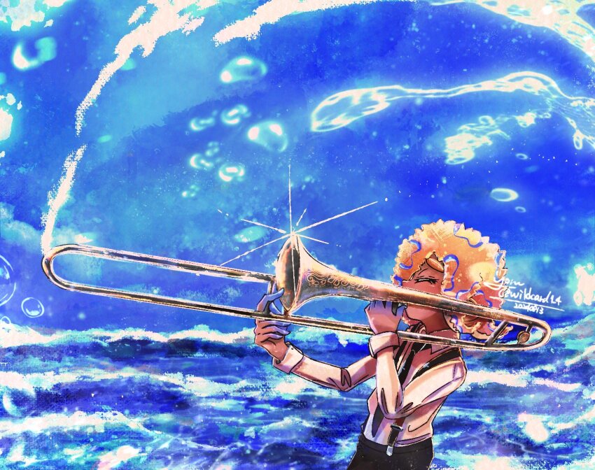 1girl, black_necktie, black_pants, blue_sky, collared_shirt, dark-skinned_female, dark_skin, dated