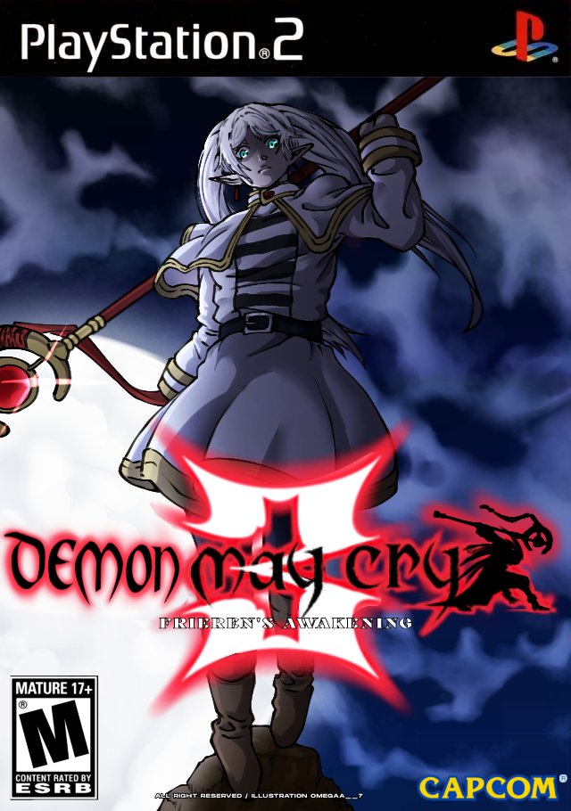 1girl, blue_eyes, capcom, capelet, content_rating, textless_cover_page, devil_may_cry, devil_may_cry_(series), devil_may_cry_3, english_text, frieren, game_console, holding, holding_staff, logo, long_hair, looking_at_viewer, omegaa_7, parody, playstation_2, silhouette, solo, sousou_no_frieren, staff, title_parody, twintails, white_capelet