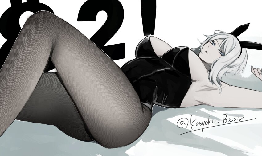 1girl, alternate_costume, animal_ears, black_leotard, blue_eyes, fake_animal_ears, faust_(project_moon), highres, kasyoku_bear, leotard, limbus_company, pantyhose, playboy_bunny, project_moon, rabbit_ears, short_hair, simple_background, solo, strapless, strapless_leotard, twitter_username, white_background, white_hair