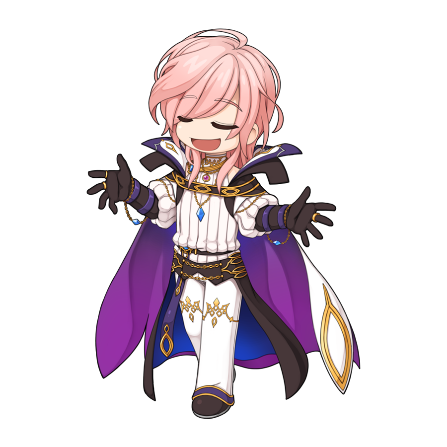 1boy, :d, black_gloves, black_shoes, blue_cape, blue_gem, bracelet, cape, chain, chibi, chibi_only, closed_eyes, clothing_cutout, crystal, elbow_gloves, full_body, gem, gloves, gold_chain, jewelry, male_focus, medium_hair, necklace, nillem, official_art, open_mouth, pants, pendant, pink_hair, popped_collar, puffy_short_sleeves, puffy_sleeves, purple_cape, ragnarok_online, shirt, shoes, short_sleeves, shoulder_cutout, simple_background, smile, solo, striped_clothes, striped_shirt, transparent_background, two-sided_cape, two-sided_fabric, vertical-striped_clothes, vertical-striped_shirt, waist_cape, walking, white_cape, white_pants, white_shirt, yuichirou