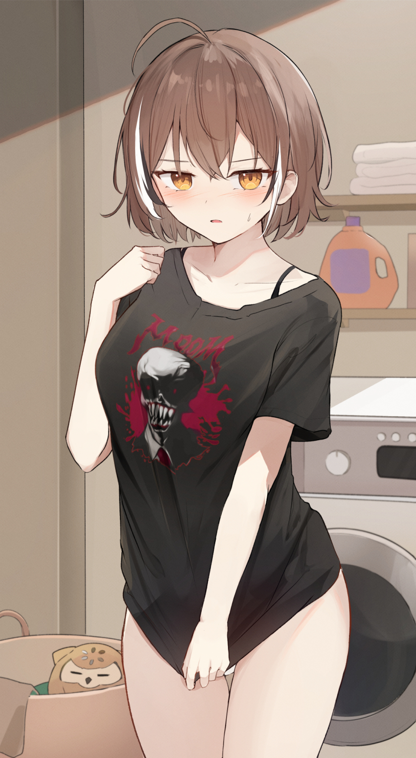 1girl, ahoge, black_hair, black_shirt, blush, bra_strap, brown_eyes, brown_hair, clothes_writing, commentary, crossed_bangs, double-parted_bangs, english_commentary, hair_between_eyes, hand_up, highres, hololive, hololive_english, hootsie_(nanashi_mumei), indoors, laundry_basket, looking_at_viewer, mascot, multicolored_hair, nanashi_mumei, nanashi_mumei_(emo), nightmare_(nanashi_mumei), no_pants, official_alternate_costume, open_mouth, panties, print_shirt, shirt, shirt_tug, short_hair, shuuzo3, solo, streaked_hair, sweatdrop, t-shirt, underwear, virtual_youtuber, washing_machine, white_hair, white_panties