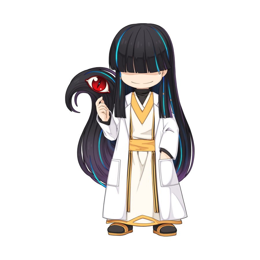 1boy, absurdly_long_hair, bagot_(ragnarok_online), black_hair, black_socks, blue_hair, blunt_bangs, chibi, chibi_only, closed_mouth, coat, full_body, hair_between_eyes, hair_over_eyes, hand_in_pocket, lab_coat, long_bangs, long_hair, long_sleeves, male_focus, multicolored_hair, official_art, ragnarok_online, red_eyes, robe, sandals, sidelocks, simple_background, smile, socks, solo, split_mouth, standing, streaked_hair, third_eye, transparent_background, very_long_hair, white_coat, white_robe, wide_mouth, yellow_sandals, yuichirou