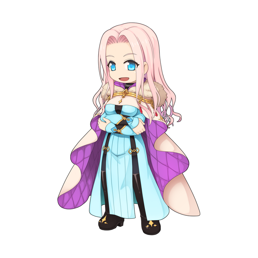 1girl, arms_under_breasts, aurelie_petit_issgard, black_boots, black_pantyhose, blue_dress, blue_eyes, boots, breasts, cape, chibi, chibi_only, dress, full_body, fur_collar, gold, long_hair, looking_at_viewer, medium_breasts, official_art, open_mouth, pantyhose, parted_bangs, pink_cape, pink_hair, purple_cape, ragnarok_online, simple_background, smile, solo, strapless, strapless_dress, transparent_background, two-sided_cape, two-sided_fabric, wavy_hair, yuichirou