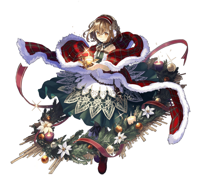 1girl, candle, chain, christmas, crossed_bangs, dress, full_body, green_dress