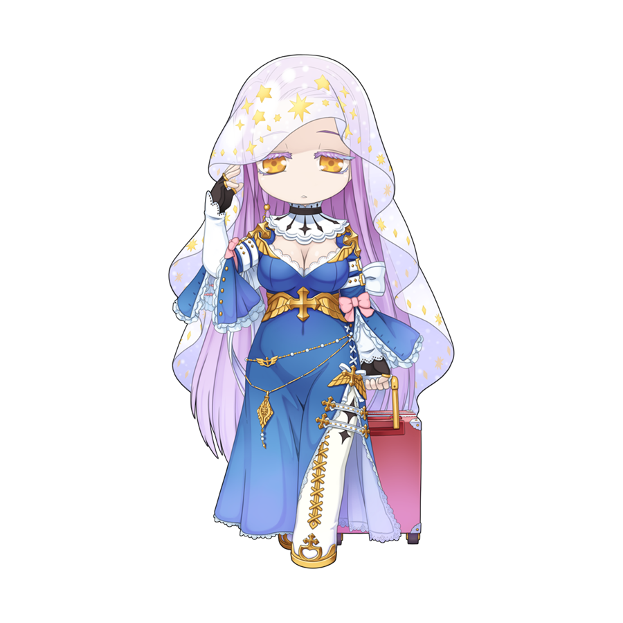 1girl, black_gloves, blue_dress, boots, breasts, cardinal_(ragnarok_online), chibi, chibi_only, cleavage, cleavage_cutout, clothing_cutout, dress, expressionless, fingerless_gloves, friederike_(ragnarok_online), frilled_sleeves, frills, full_body, gloves, gold_boots, large_breasts, long_dress, long_hair, long_sleeves, multicolored_boots, official_art, parted_lips, purple_hair, ragnarok_online, rolling_suitcase, side_slit, simple_background, solo, suitcase, thigh_boots, transparent_background, two-tone_boots, two-tone_dress, veil, very_long_hair, white_boots, white_dress, yellow_eyes, yuichirou