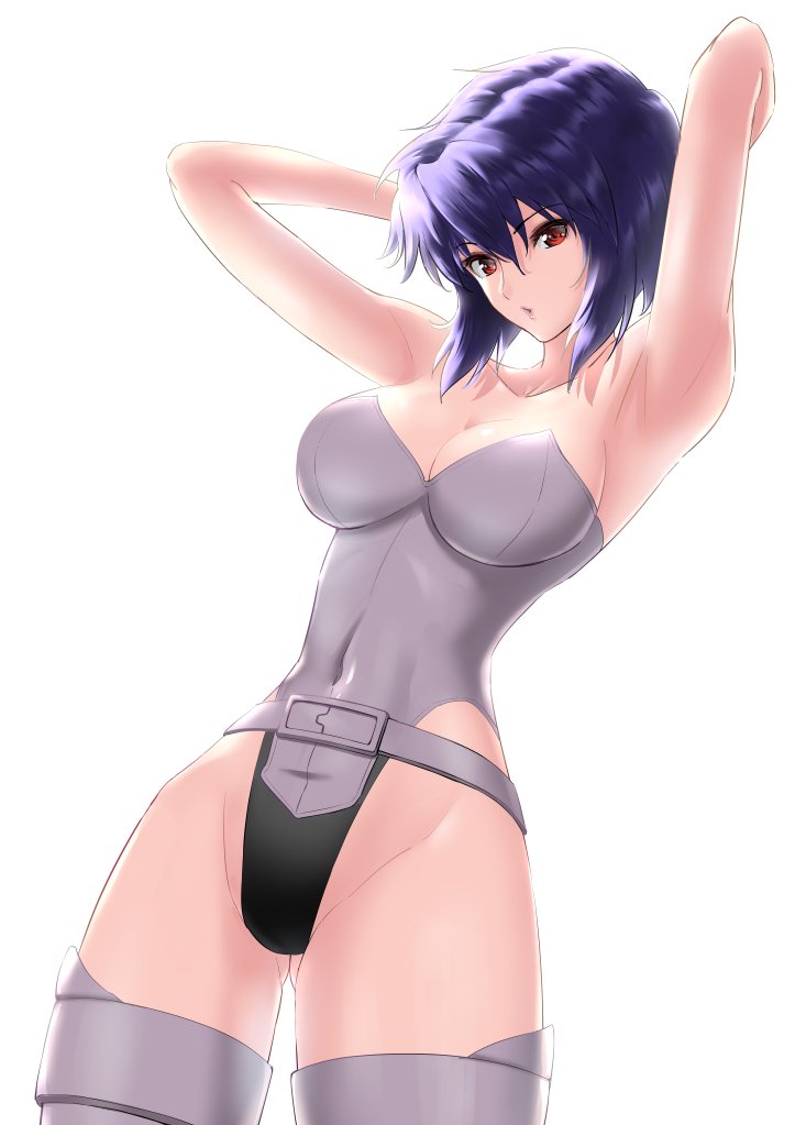 1girl, armpits, arms_up, bad_id, bad_twitter_id, belt, breasts, cropped_legs