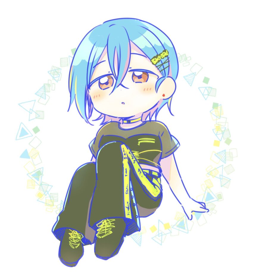 1girl, black_jacket, black_pants, black_shoes, blush, chibi, choker, commentary_request