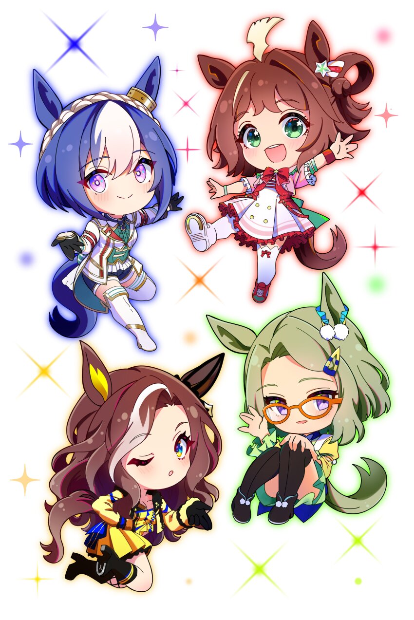 4girls, absurdres, ahoge, air_messiah_(inherited_hope)_(umamusume), air_messiah_(umamusume), animal_ears, blowing_kiss, blush