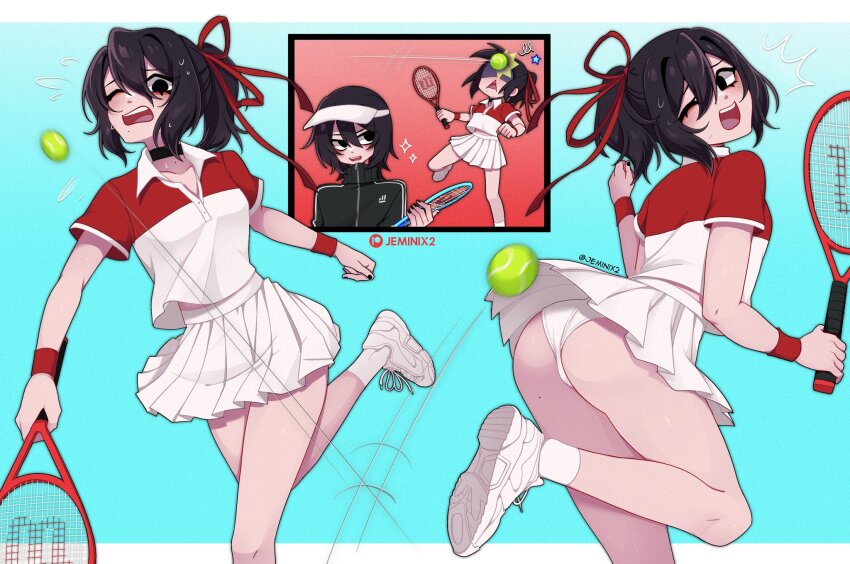 1boy, 1girl, ^^^, aqua_background, artist_name, ass, ball, black_choker