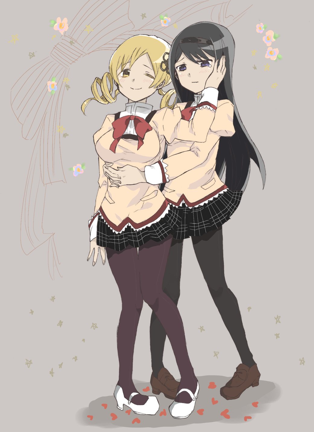 2girls, akemi_homura, black_skirt, black_thighhighs, blonde_hair, bow, bowtie, brown_footwear, drill_hair, flower, full_body, grey_background, hand_on_another's_cheek, hand_on_another's_face, hand_on_another's_waist, highres, hug, hug_from_behind, juliet_sleeves, long_sleeves, looking_at_viewer, mahou_shoujo_madoka_magica, mahou_shoujo_madoka_magica_(anime), mary_janes, mitakihara_school_uniform, multiple_girls, one_eye_closed, plaid_clothes, plaid_skirt, ponta_(ponponta9), puffy_sleeves, purple_eyes, red_bow, red_bowtie, school_uniform, shoes, skirt, smile, standing, tears, thighhighs, tomoe_mami, white_footwear, yellow_eyes, yuri
