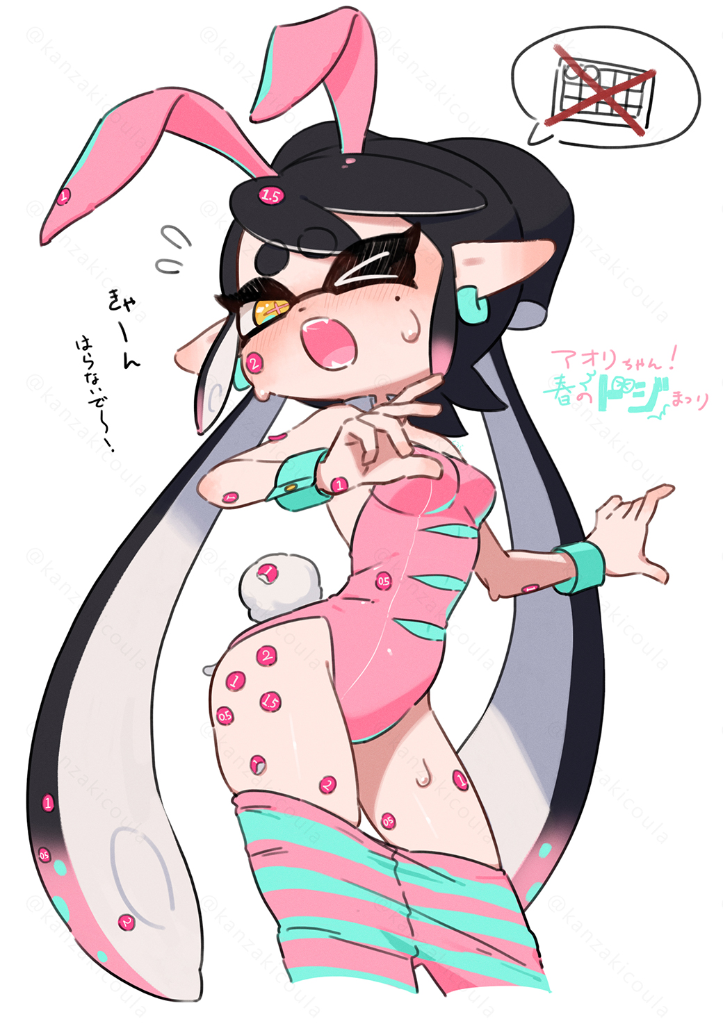 >_o, 1girl, alternate_costume, animal_ears, black_hair, blue_pantyhose, blue_wrist_cuffs, blush, bow-shaped_hair, breasts, callie_(splatoon), callie_(springfest)_(splatoon), clothes_pull, collar, commentary_request, coula_cat, covered_navel, cropped_legs, cross-shaped_pupils, crossed_out, detached_collar, earrings, embarrassed, fake_animal_ears, fake_tail, fangs, flying_sweatdrops, gradient_hair, groin, highres, inkling, jewelry, leotard, long_hair, mole, mole_under_eye, multicolored_hair, nintendo, one_eye_closed, open_mouth, pantyhose, pantyhose_pull, pink_hair, pink_leotard, pink_pantyhose, pink_pupils, pointy_ears, rabbit_ears, rabbit_tail, sidelocks, simple_background, solo, speech_bubble, splatoon_(series), sticker, sticker_on_arm, sticker_on_face, sticker_on_hand, sticker_on_leg, sticker_on_stomach, strapless, strapless_leotard, sweat, symbol-shaped_pupils, tail, tentacle_hair, thick_eyebrows, too_many_stickers, translation_request, twintails, two-tone_hair, very_long_hair, white_background, white_collar, wrist_cuffs, yellow_eyes