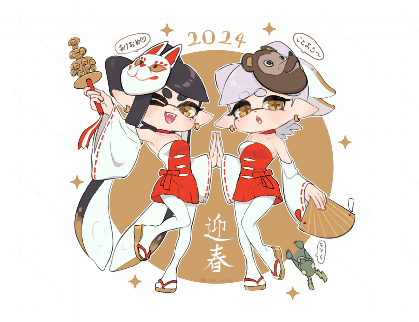 2024, 2girls, alternate_costume, black_hair, bow, bow-shaped_hair, brown_hair, callie_(splatoon)