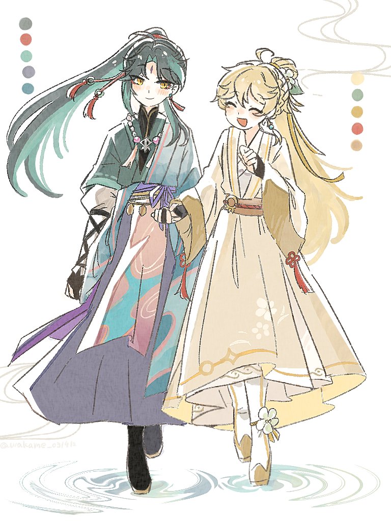 2boys, aether_(genshin_impact), ahoge, alternate_costume, alternate_hair_length, alternate_hairstyle, androgynous, aqua_hair